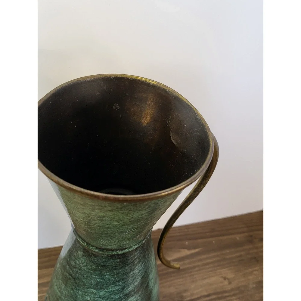 Vintage Sabra Israel Verdigris Brass Pitcher MCM Green Vase 12.5in